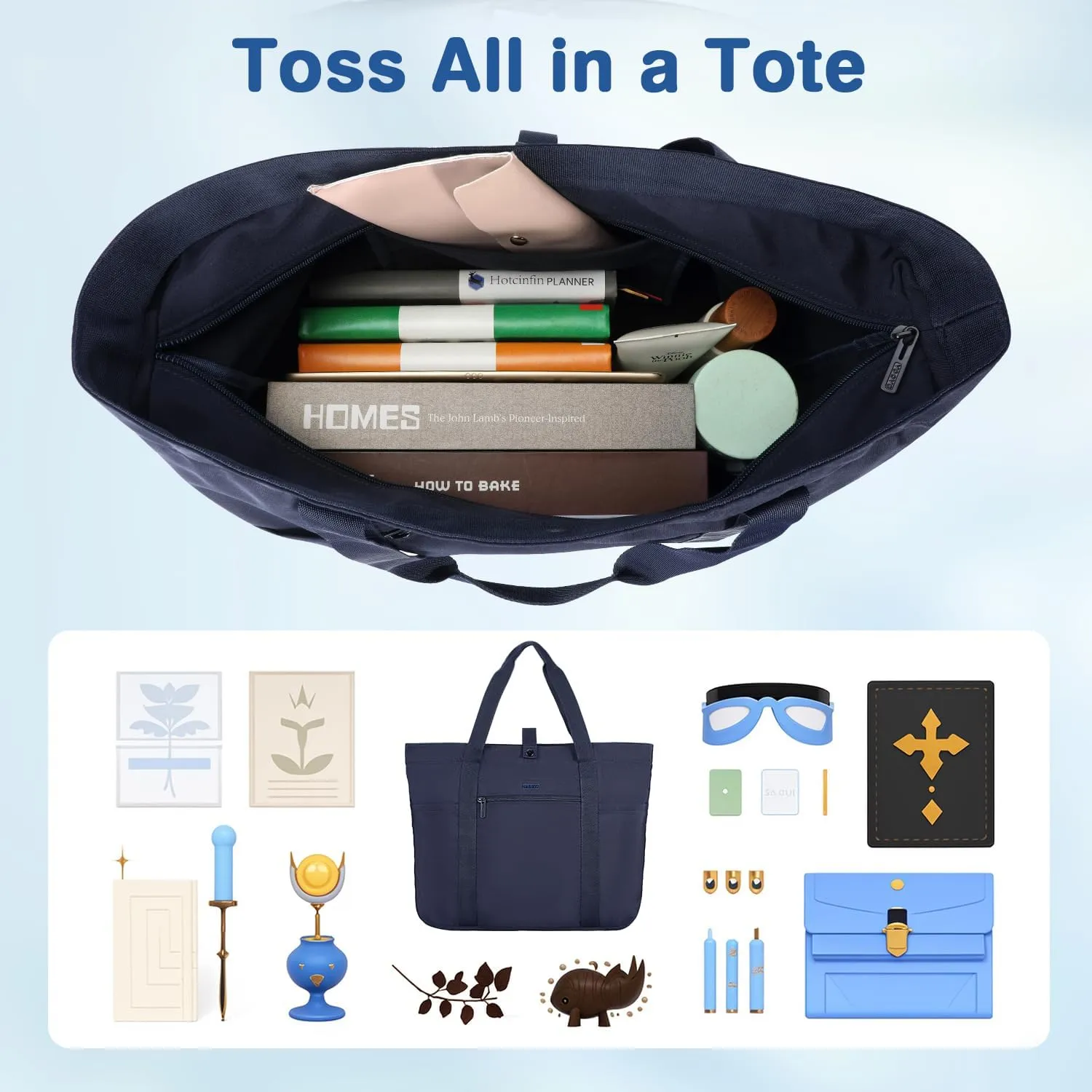 Voova Tote Bag for Women, Large Capacity Tote Bag with Zipper, Foldable Shoulder Bag Handbag for Work,Travel,Shopping,Beach