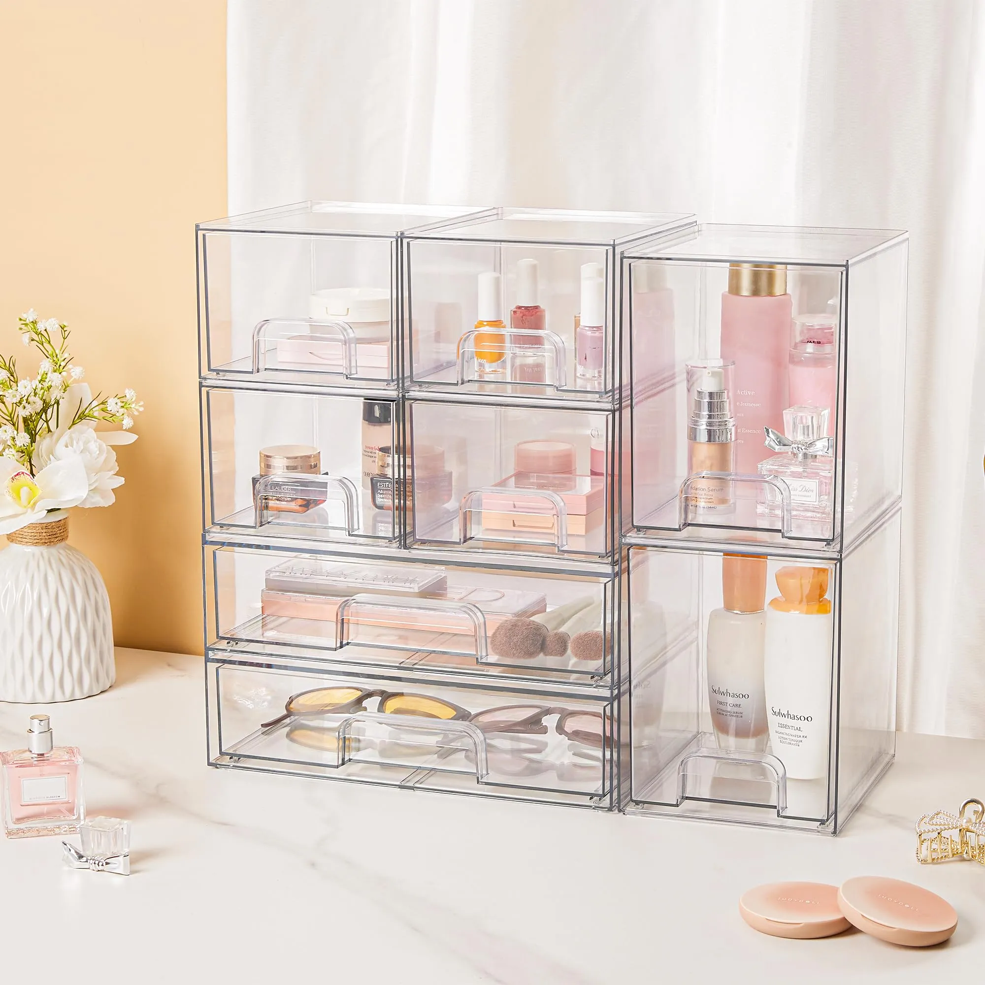 Vtopmart Stackable Storage Drawers Set of 5,Clear Plastic Organizer Bins for Makeup, Cosmetics, Beauty Supplies,Ideal for Vanity, Bathroom,Cabinet,Pantry Organization