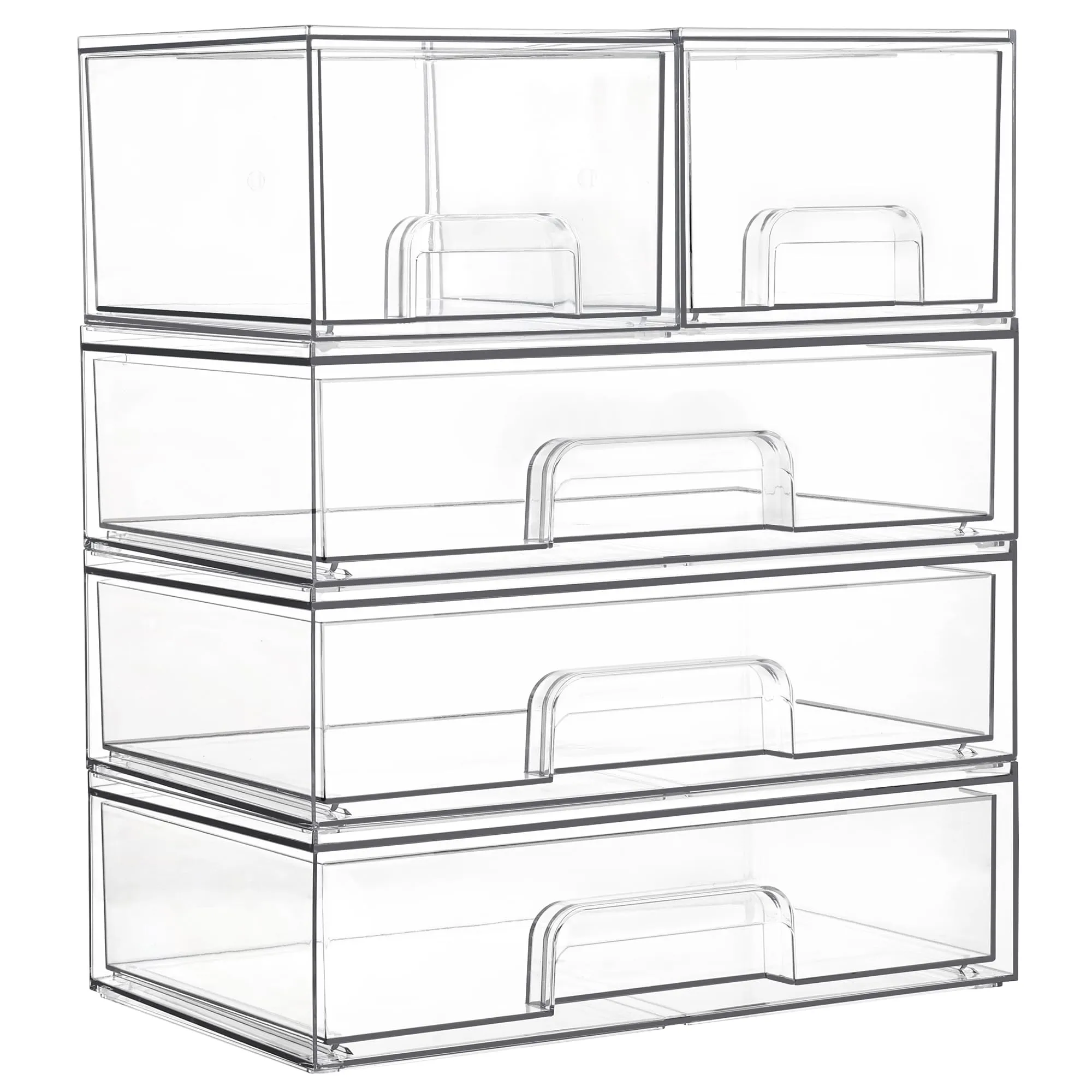 Vtopmart Stackable Storage Drawers Set of 5,Clear Plastic Organizer Bins for Makeup, Cosmetics, Beauty Supplies,Ideal for Vanity, Bathroom,Cabinet,Pantry Organization