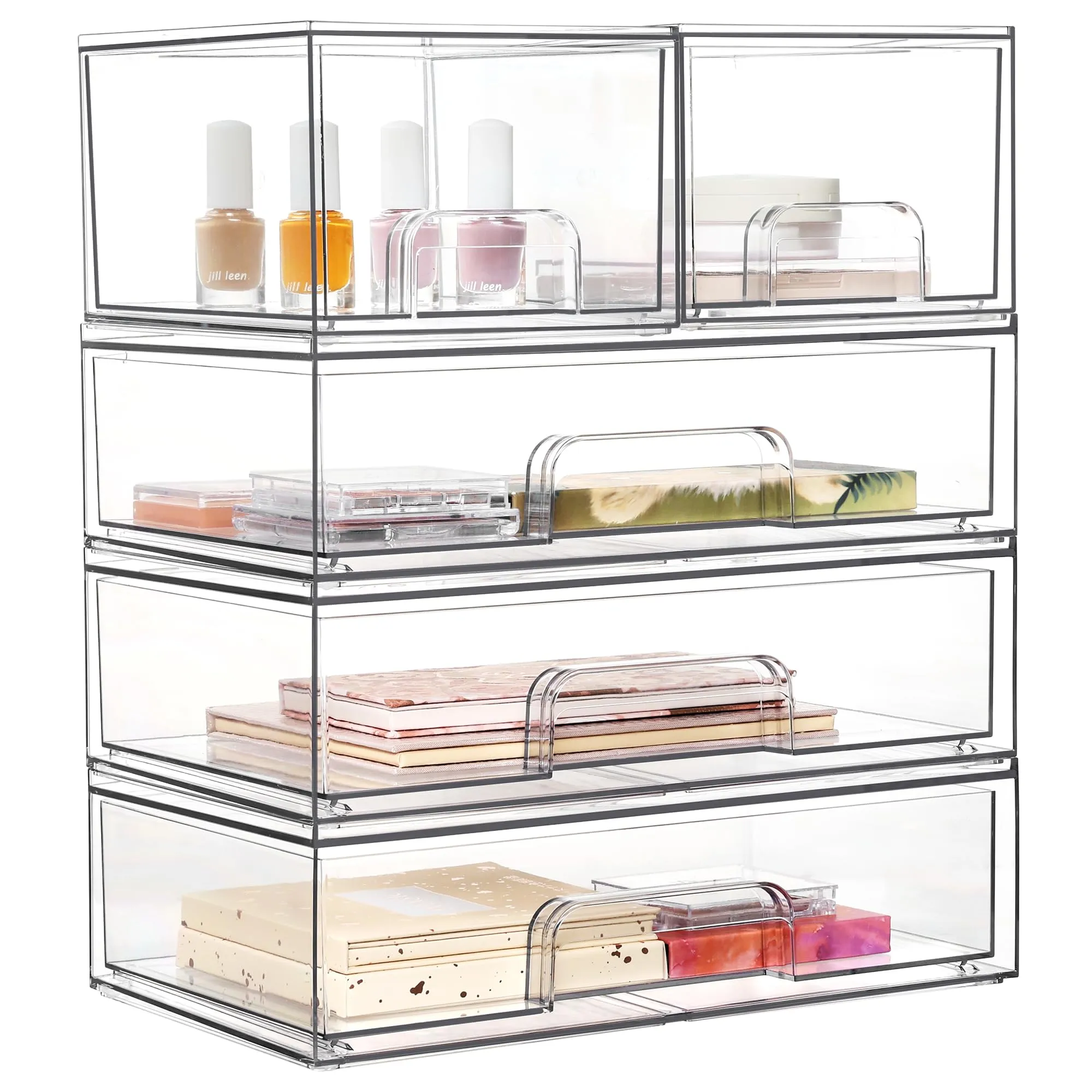Vtopmart Stackable Storage Drawers Set of 5,Clear Plastic Organizer Bins for Makeup, Cosmetics, Beauty Supplies,Ideal for Vanity, Bathroom,Cabinet,Pantry Organization
