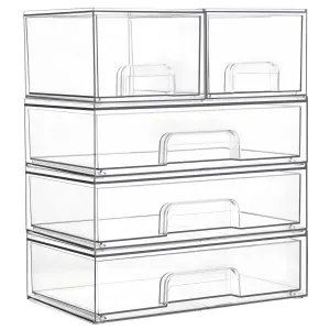 Vtopmart Stackable Storage Drawers Set of 5,Clear Plastic Organizer Bins for Makeup, Cosmetics, Beauty Supplies,Ideal for Vanity, Bathroom,Cabinet,Pantry Organization