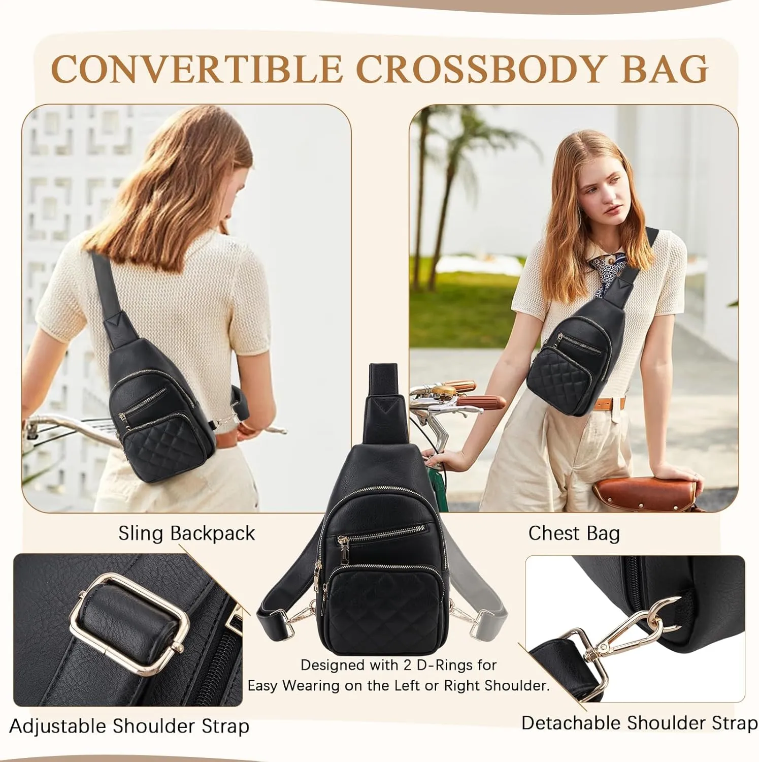 VX VONXURY Sling Bag for Women, PU Leather Crossbody Fanny Packs, Multipurpose Chest Bag with Adjustable Strap