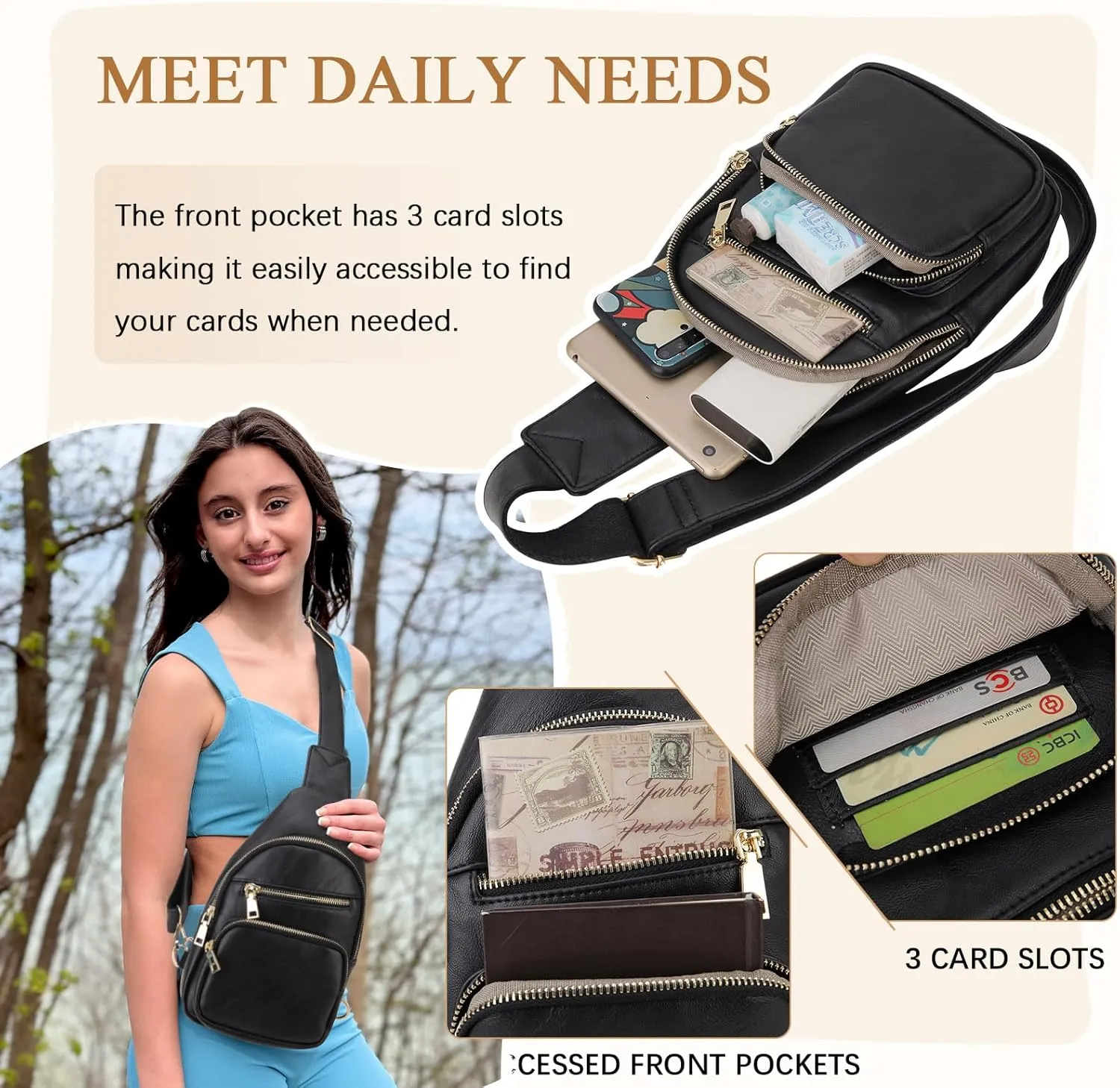 VX VONXURY Sling Bag for Women, PU Leather Crossbody Fanny Packs, Multipurpose Chest Bag with Adjustable Strap