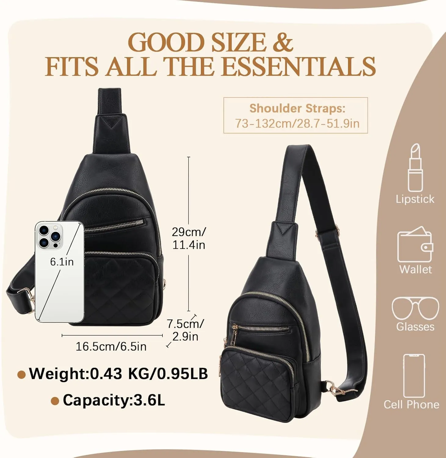 VX VONXURY Sling Bag for Women, PU Leather Crossbody Fanny Packs, Multipurpose Chest Bag with Adjustable Strap