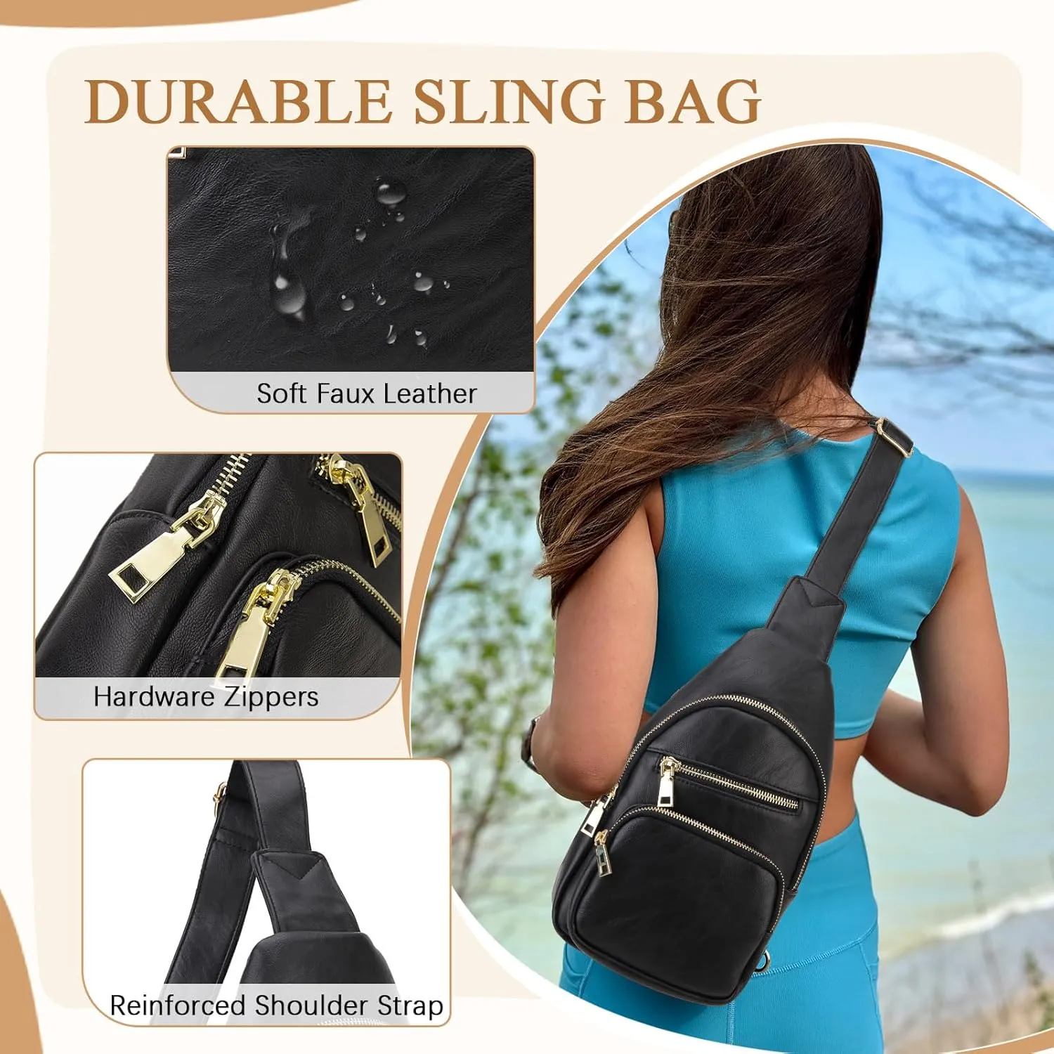 VX VONXURY Sling Bag for Women, PU Leather Crossbody Fanny Packs, Multipurpose Chest Bag with Adjustable Strap