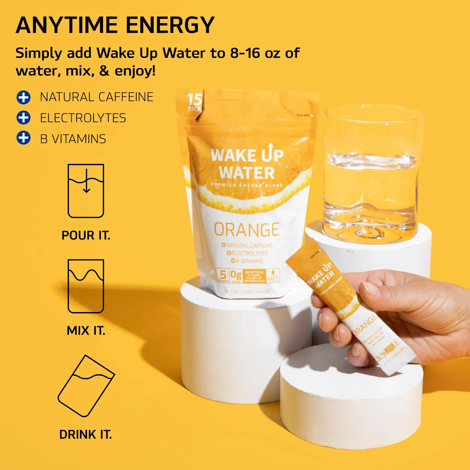 Wake Up Water - Energy   Hydration Sugar Free 15 Packs, Orange Flavor - Energy Drink Powder, Electrolytes Powder Drink, Natural Caffeine Mix Packet, B Vitamins, 5 Calories, Gluten Free - 1.60 oz (45.45g)
