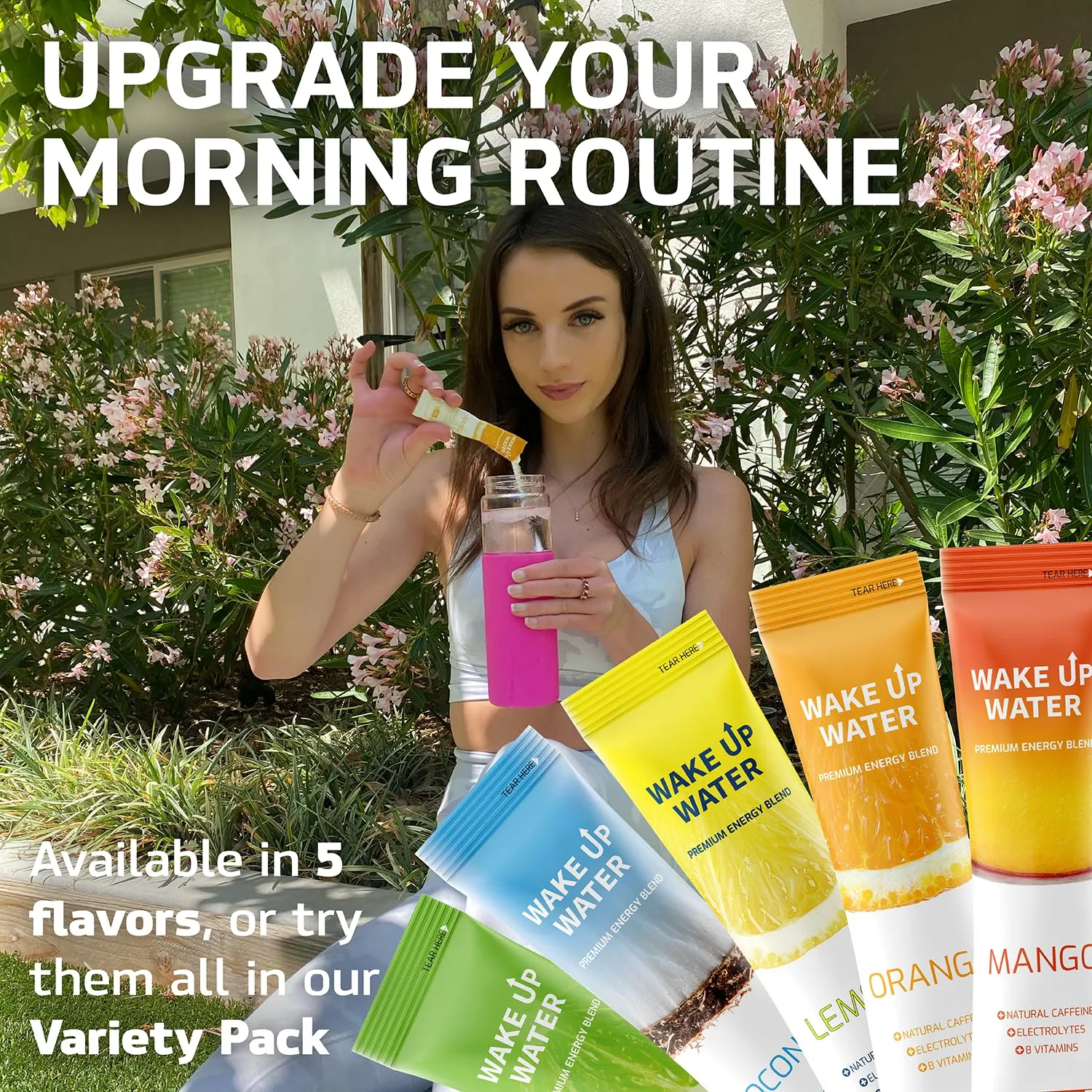 Wake Up Water - Energy   Hydration Sugar Free 15 Packs, Orange Flavor - Energy Drink Powder, Electrolytes Powder Drink, Natural Caffeine Mix Packet, B Vitamins, 5 Calories, Gluten Free - 1.60 oz (45.45g)