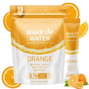 Wake Up Water - Energy   Hydration Sugar Free 15 Packs, Orange Flavor - Energy Drink Powder, Electrolytes Powder Drink, Natural Caffeine Mix Packet, B Vitamins, 5 Calories, Gluten Free - 1.60 oz (45.45g)