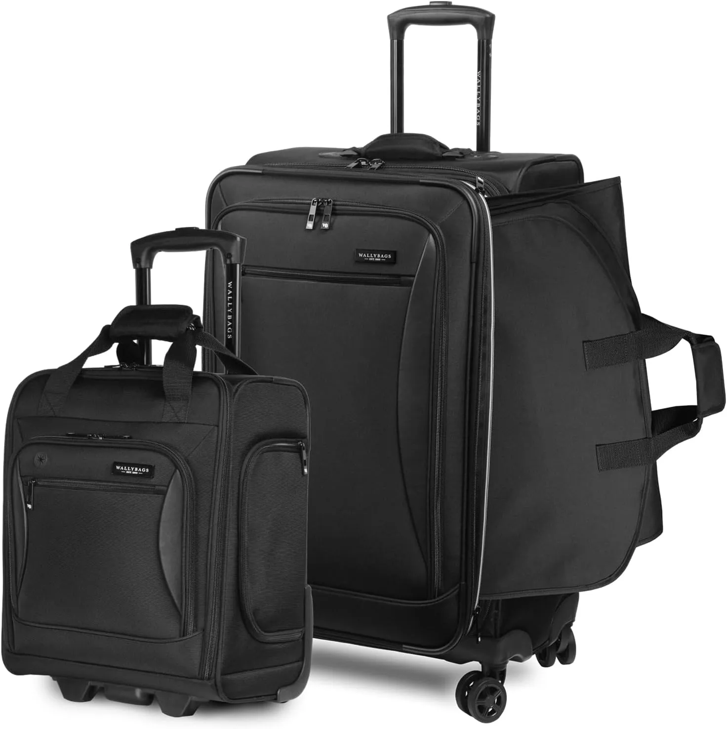 WallyBags Solutions 2 Piece Set, Expandable Spinner with Garment Underseat Bag, Black, 25-Inch Checked, 16-Inch Carry-On