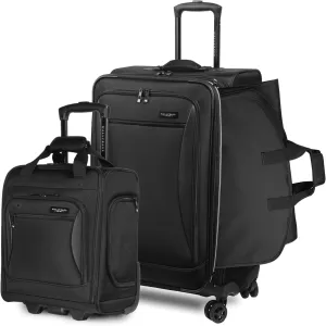 WallyBags Solutions 2 Piece Set, Expandable Spinner with Garment Underseat Bag, Black, 25-Inch Checked, 16-Inch Carry-On
