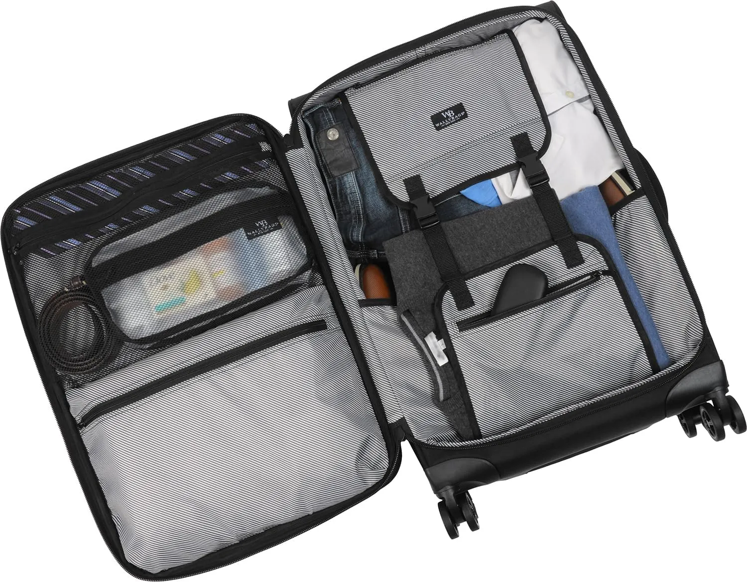 WallyBags Solutions 2 Piece Set, Expandable Spinner with Garment Underseat Bag, Black, 25-Inch Checked, 16-Inch Carry-On