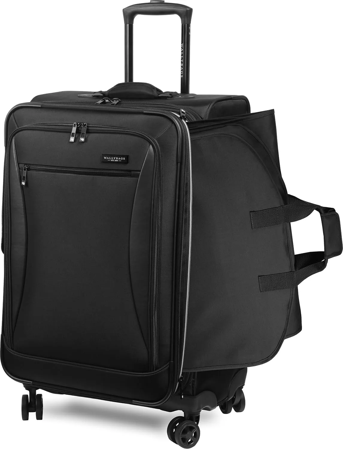 WallyBags Solutions 2 Piece Set, Expandable Spinner with Garment Underseat Bag, Black, 25-Inch Checked, 16-Inch Carry-On