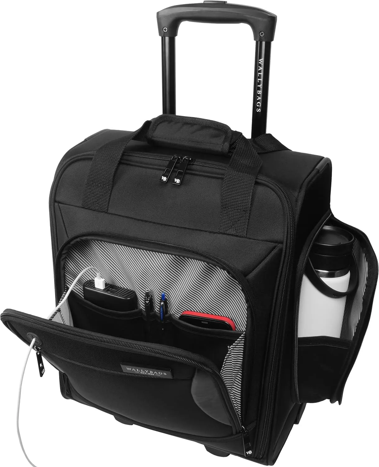 WallyBags Solutions 2 Piece Set, Expandable Spinner with Garment Underseat Bag, Black, 25-Inch Checked, 16-Inch Carry-On