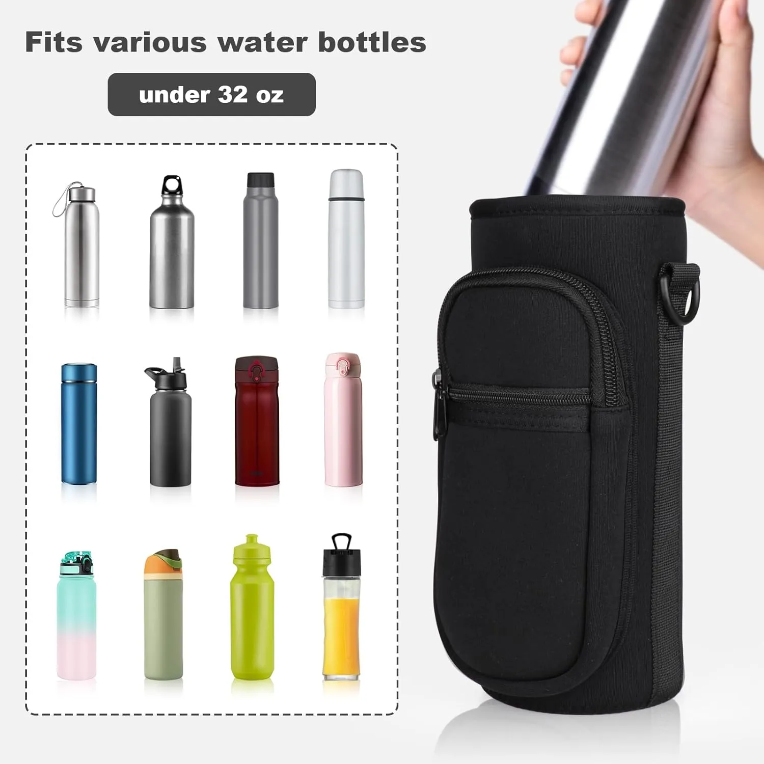 Water Bottle Holder with Strap, Water Bottle Carrier Bag with Phone Pocket, Shoulder Hand Strap Insulated Neoprene 32/40 oz Water Bottle Sleeve for Walking Hiking Camping Gym