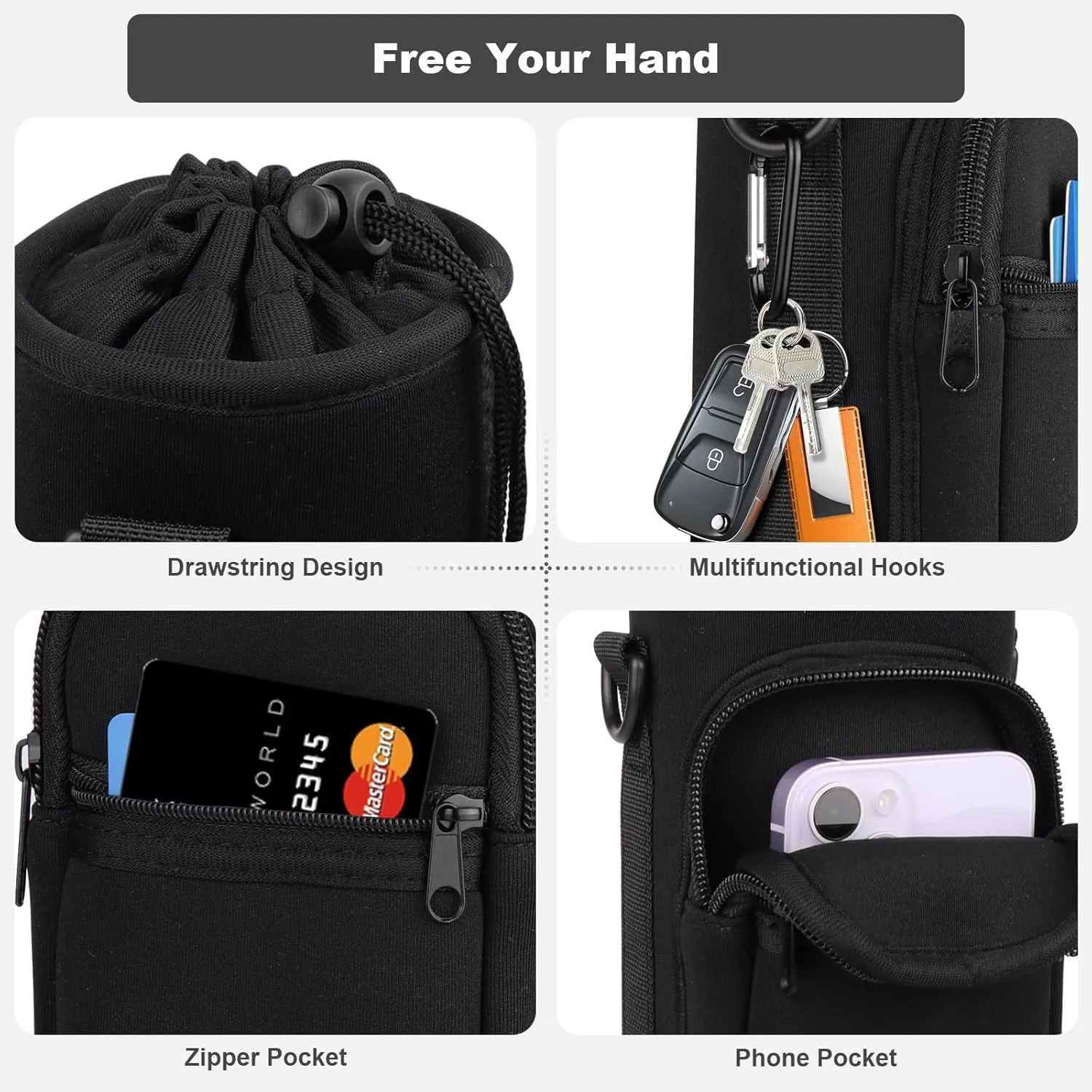 Water Bottle Holder with Strap, Water Bottle Carrier Bag with Phone Pocket, Shoulder Hand Strap Insulated Neoprene 32/40 oz Water Bottle Sleeve for Walking Hiking Camping Gym