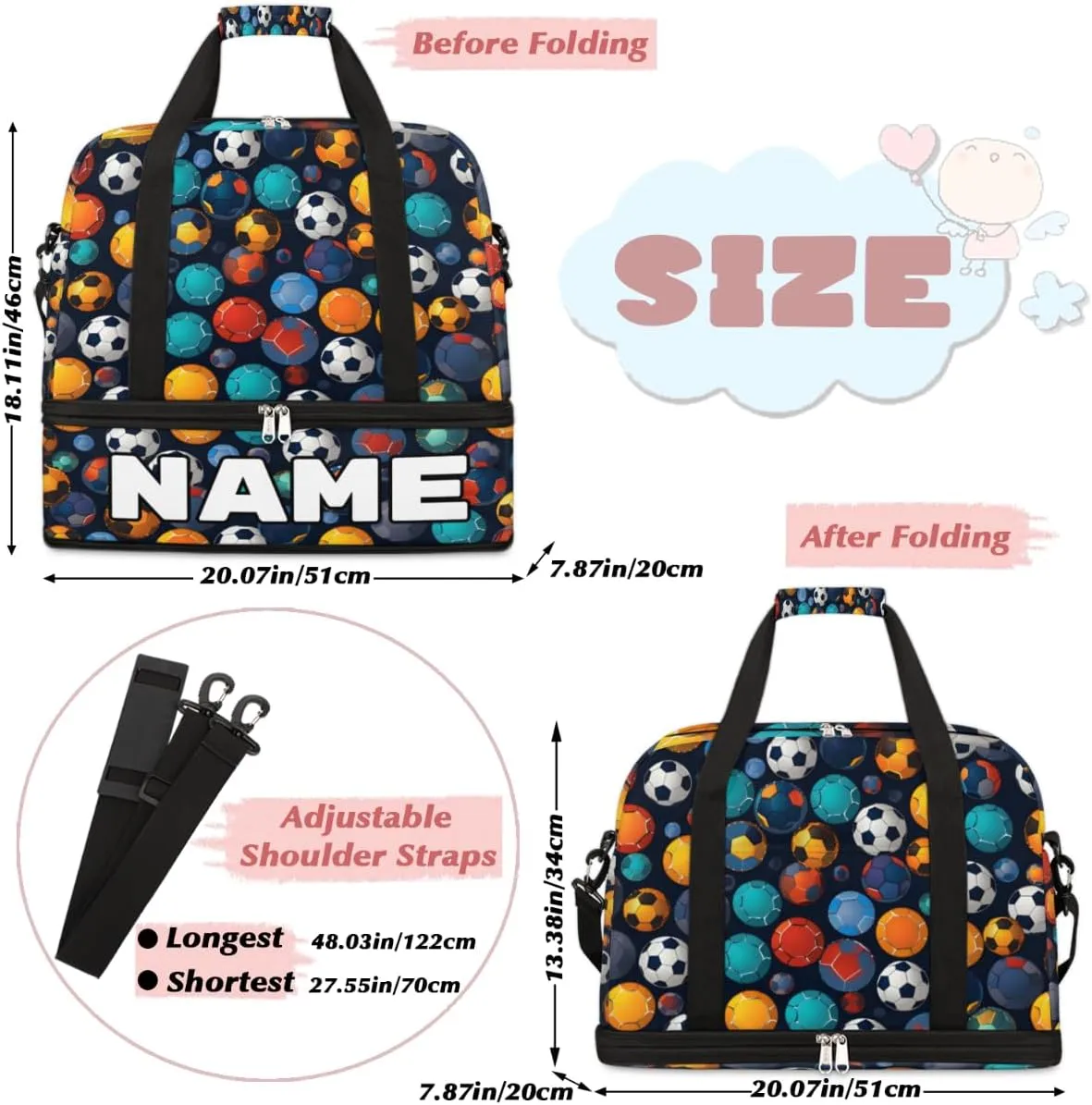 Watercolor Football Custom Foldable Duffle Bag with Shoes Compartment Personalized Large Capacity Waterproof Travel Weekender Bag Overnight Bag for Sports Gym