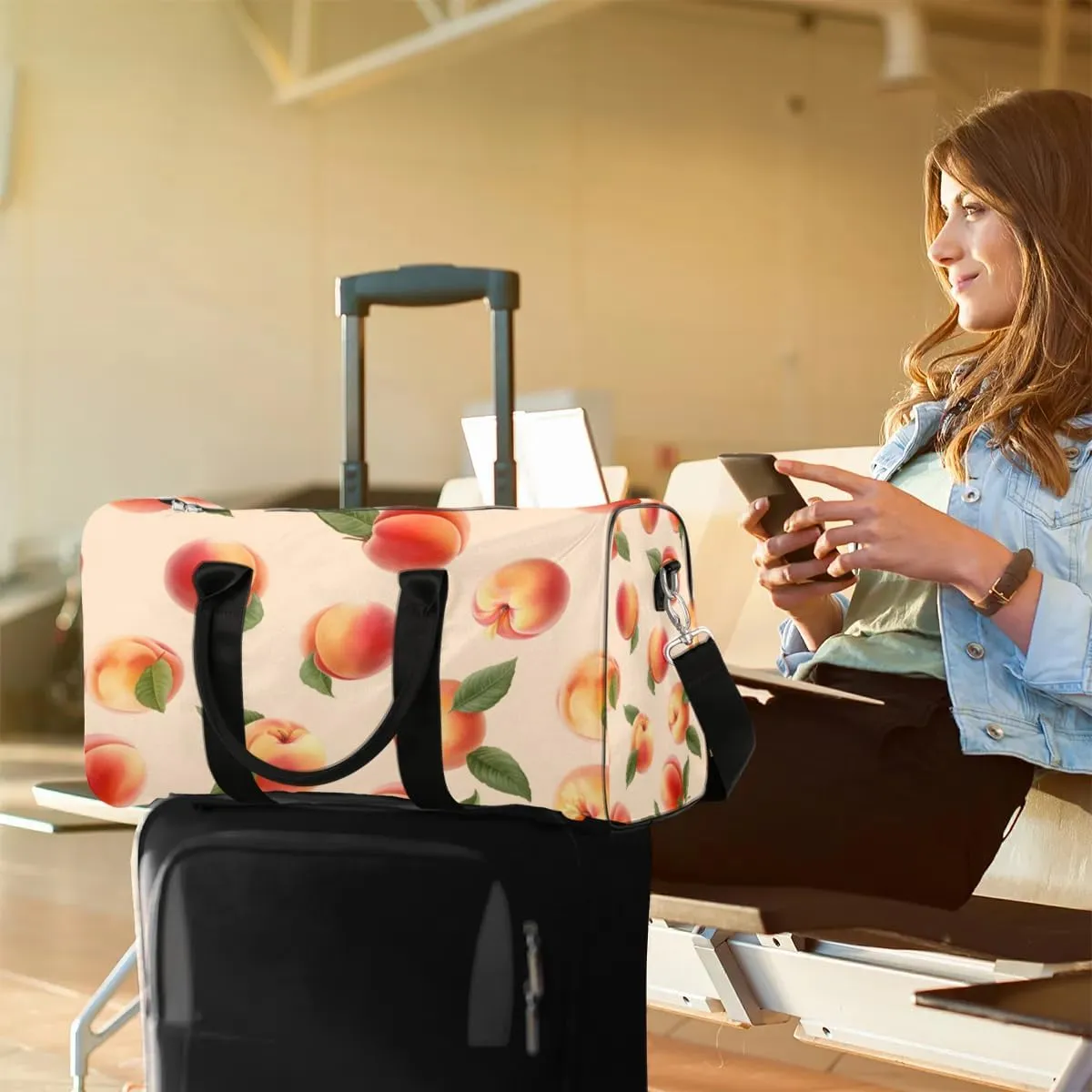 Watercolor Fruit Peaches Travel Duffel Bag for Women Men Waterproof Foldable Overnight Weekender Bag Large Capacity Sports Gym Bag
