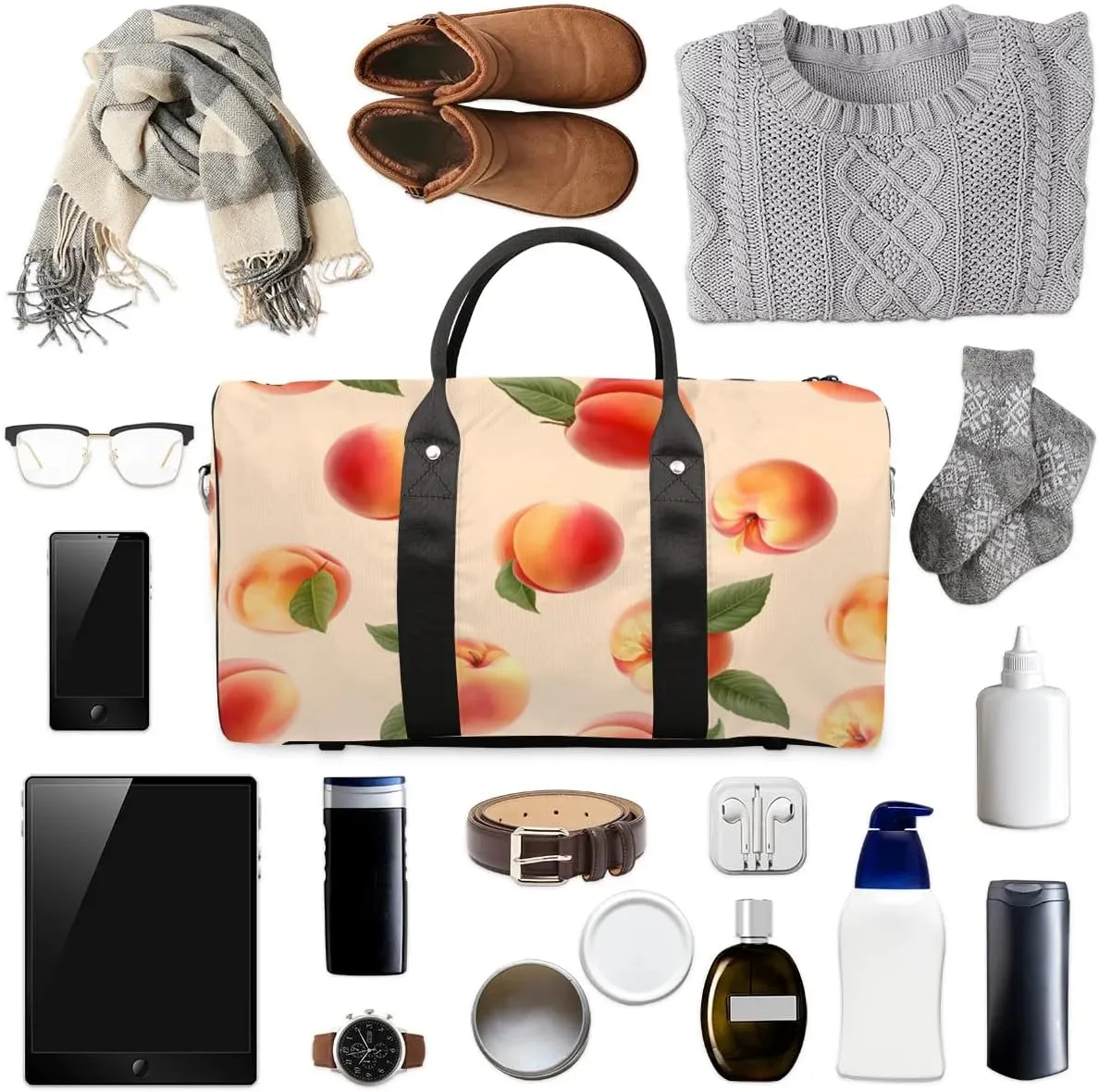 Watercolor Fruit Peaches Travel Duffel Bag for Women Men Waterproof Foldable Overnight Weekender Bag Large Capacity Sports Gym Bag