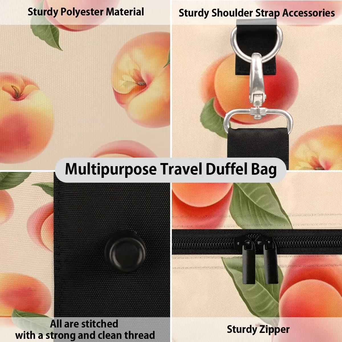 Watercolor Fruit Peaches Travel Duffel Bag for Women Men Waterproof Foldable Overnight Weekender Bag Large Capacity Sports Gym Bag
