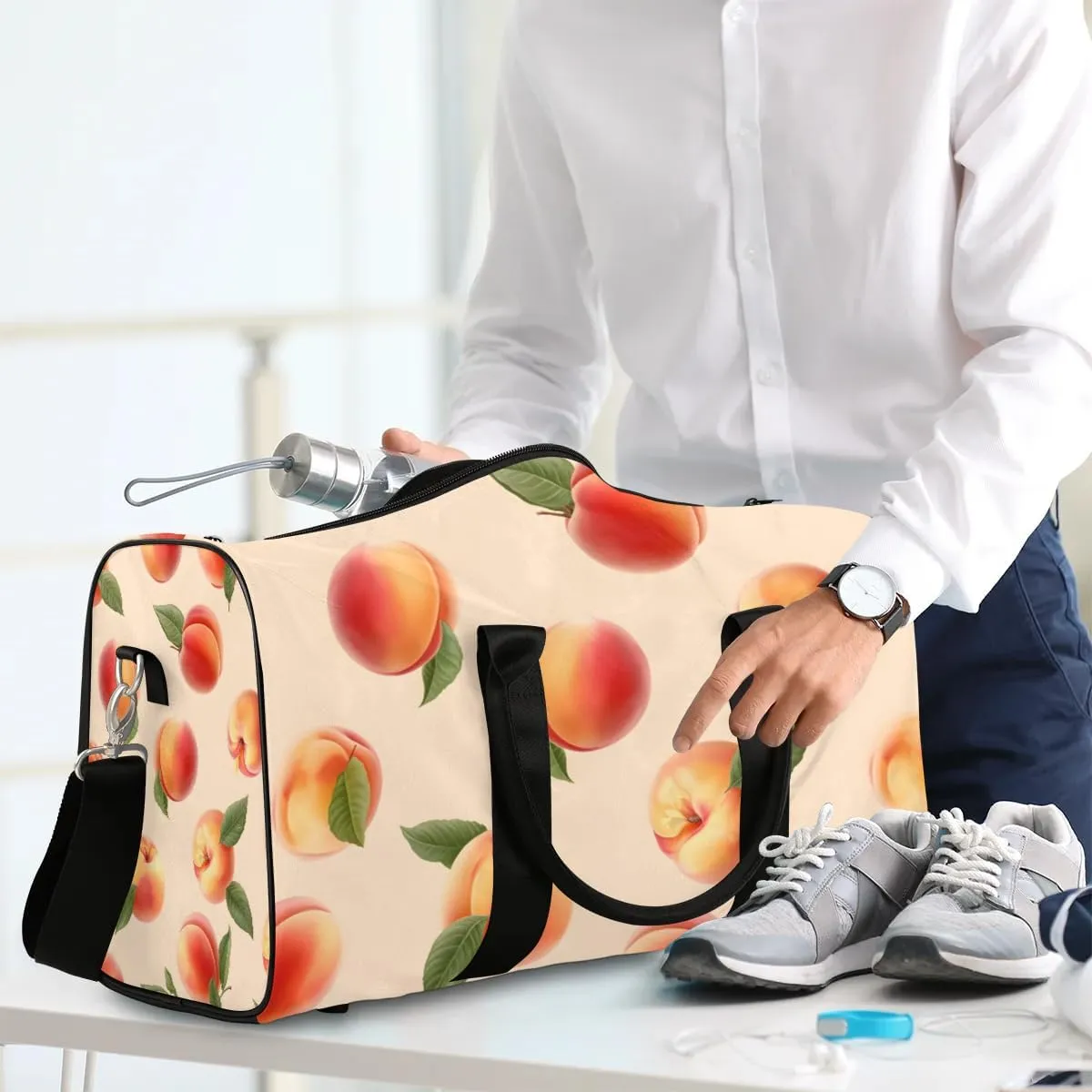 Watercolor Fruit Peaches Travel Duffel Bag for Women Men Waterproof Foldable Overnight Weekender Bag Large Capacity Sports Gym Bag