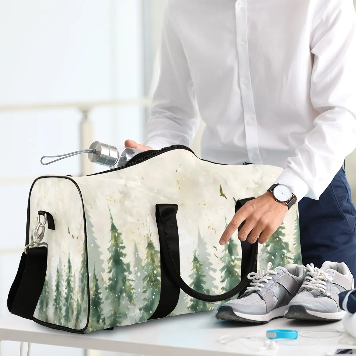 Watercolor Misty Forest Travel Duffle Bag for Women Men Gym Duffel Foldable Bag Waterproof Weekender Pine Tree Duffle Tote