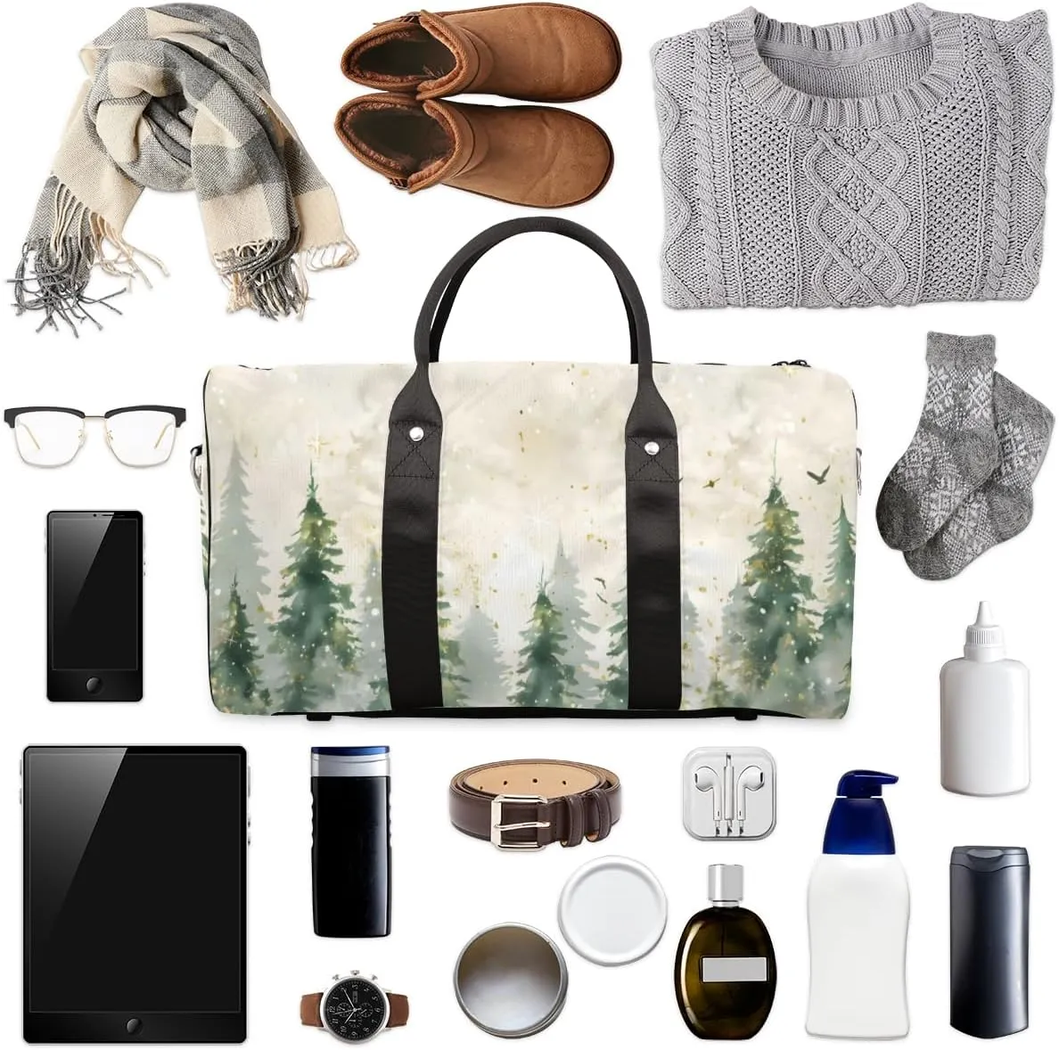 Watercolor Misty Forest Travel Duffle Bag for Women Men Gym Duffel Foldable Bag Waterproof Weekender Pine Tree Duffle Tote