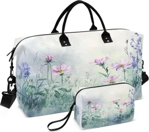 Watercolor Wildflowers in Meadow Travel Duffel Bags Carry on Weekender Overnight Bag Large for Airplane with Toiletry Bag for Men Women