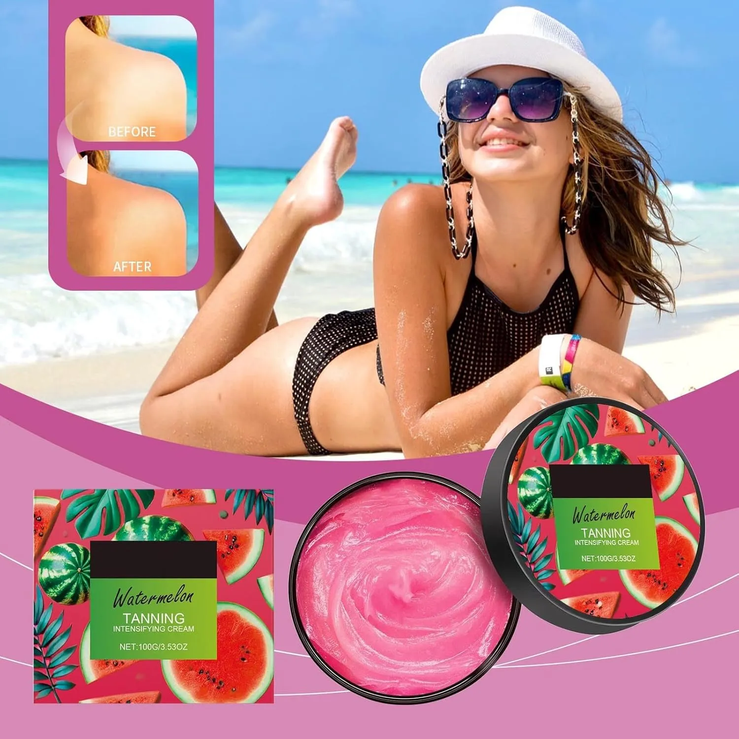 Watermelon Tanning Gel,Luxury Intensive Tanning Gel for Sunbeds & Outdoor, Natural Bronzing Lotion for Men & Women, Deep Glow,100g/3.53Fl.oz (2PCS)
