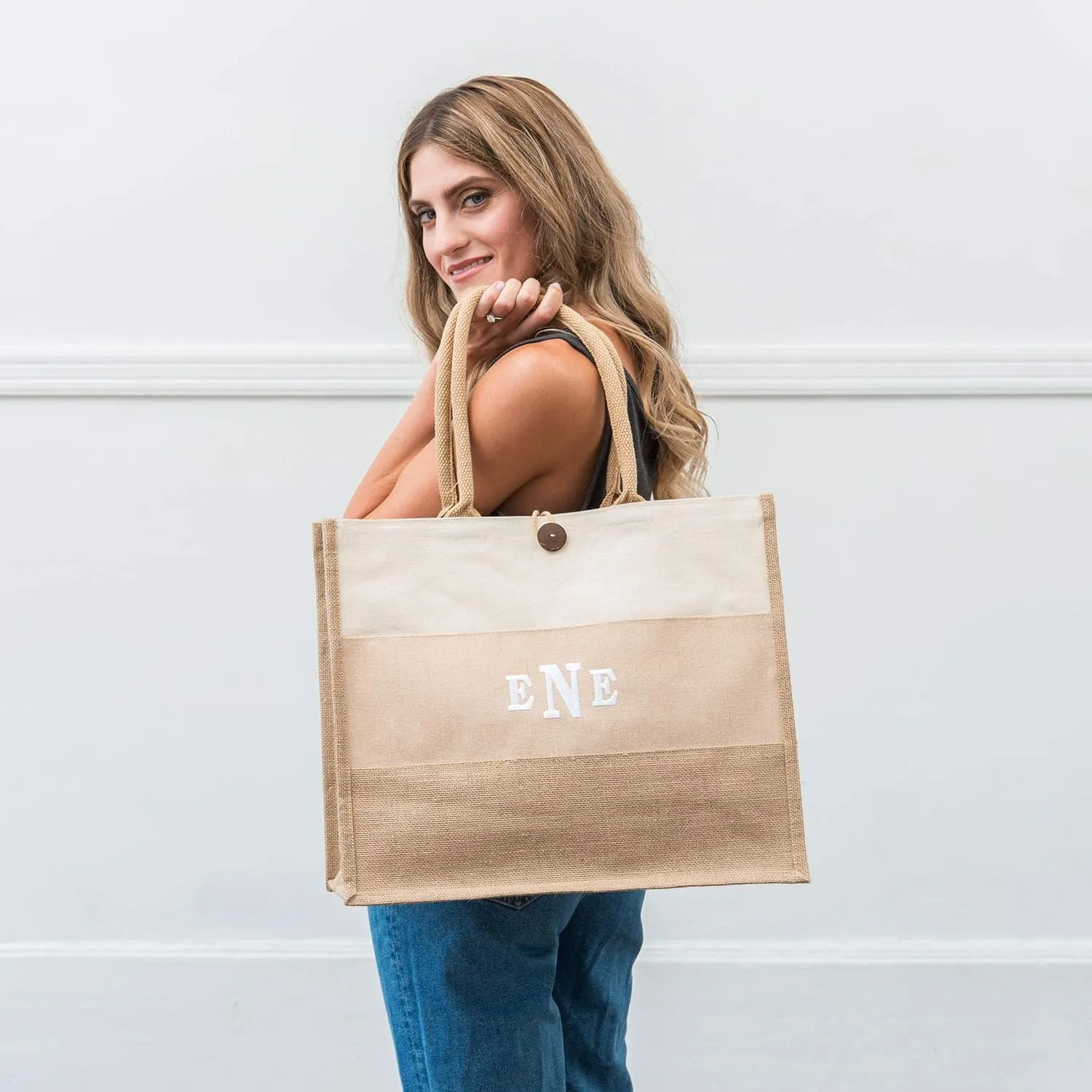 WEDDINGSTAR Large Reusable Fabric Beach Tote Bag - Burlap Ombre