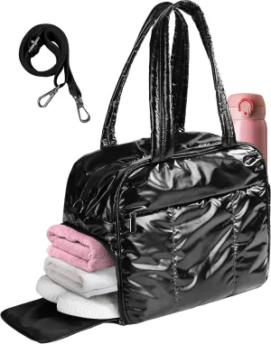 Weekender Bag for Women, Puffer Overnight-Bag, Medium Travel Sports Gym Exercise with Trolley Sleeve& Shoes Compartment, Quilted Puffer Duffel, Lightweight Soft 22L Shiny Black