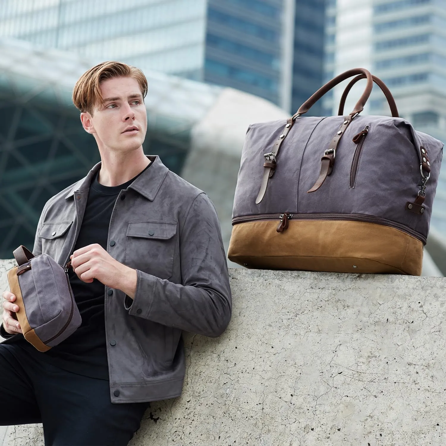 Weekender Bag Large Overnight Bag for Men Women Tote with Shoe Compartment Canvas Carry on Luggage Bag Travel Duffel Bag Gray