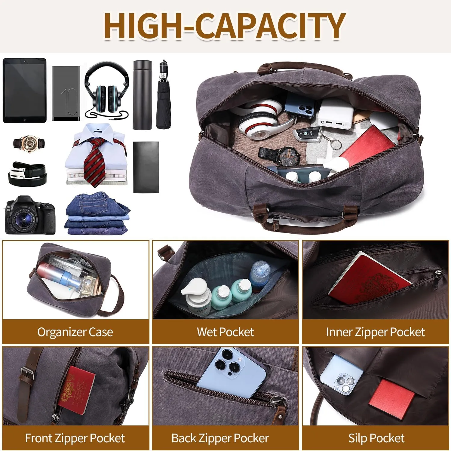 Weekender Bag Large Overnight Bag for Men Women Tote with Shoe Compartment Canvas Carry on Luggage Bag Travel Duffel Bag Gray