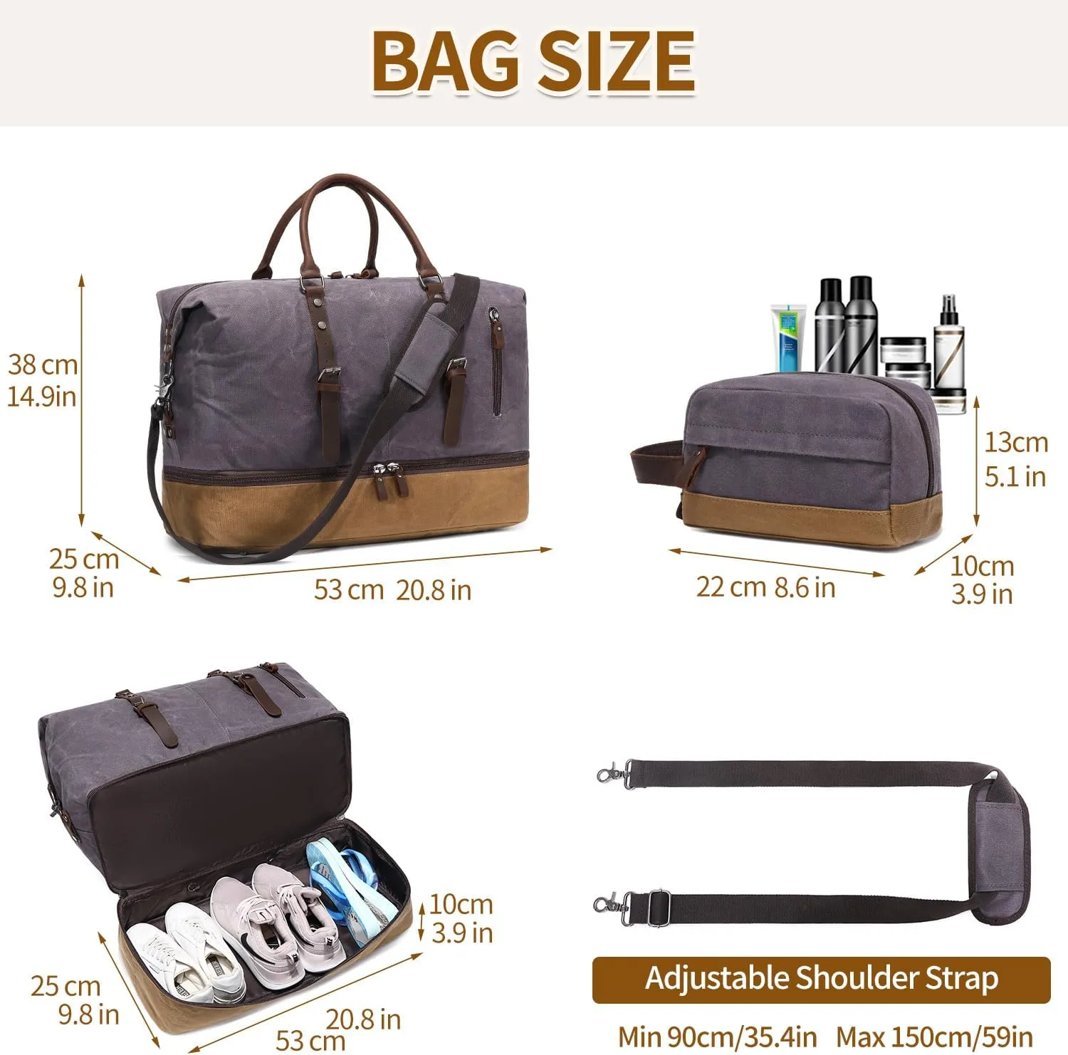 Weekender Bag Large Overnight Bag for Men Women Tote with Shoe Compartment Canvas Carry on Luggage Bag Travel Duffel Bag Gray