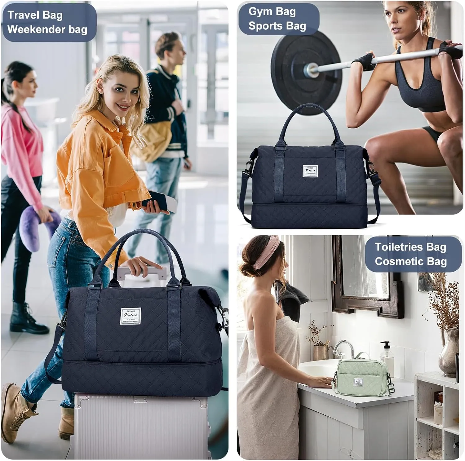 Weekender Bags for Women, Carry-On Personal Item Bag, Overnight Travel Duffel Bag with Shoes Compartment &Trolley Sleeve