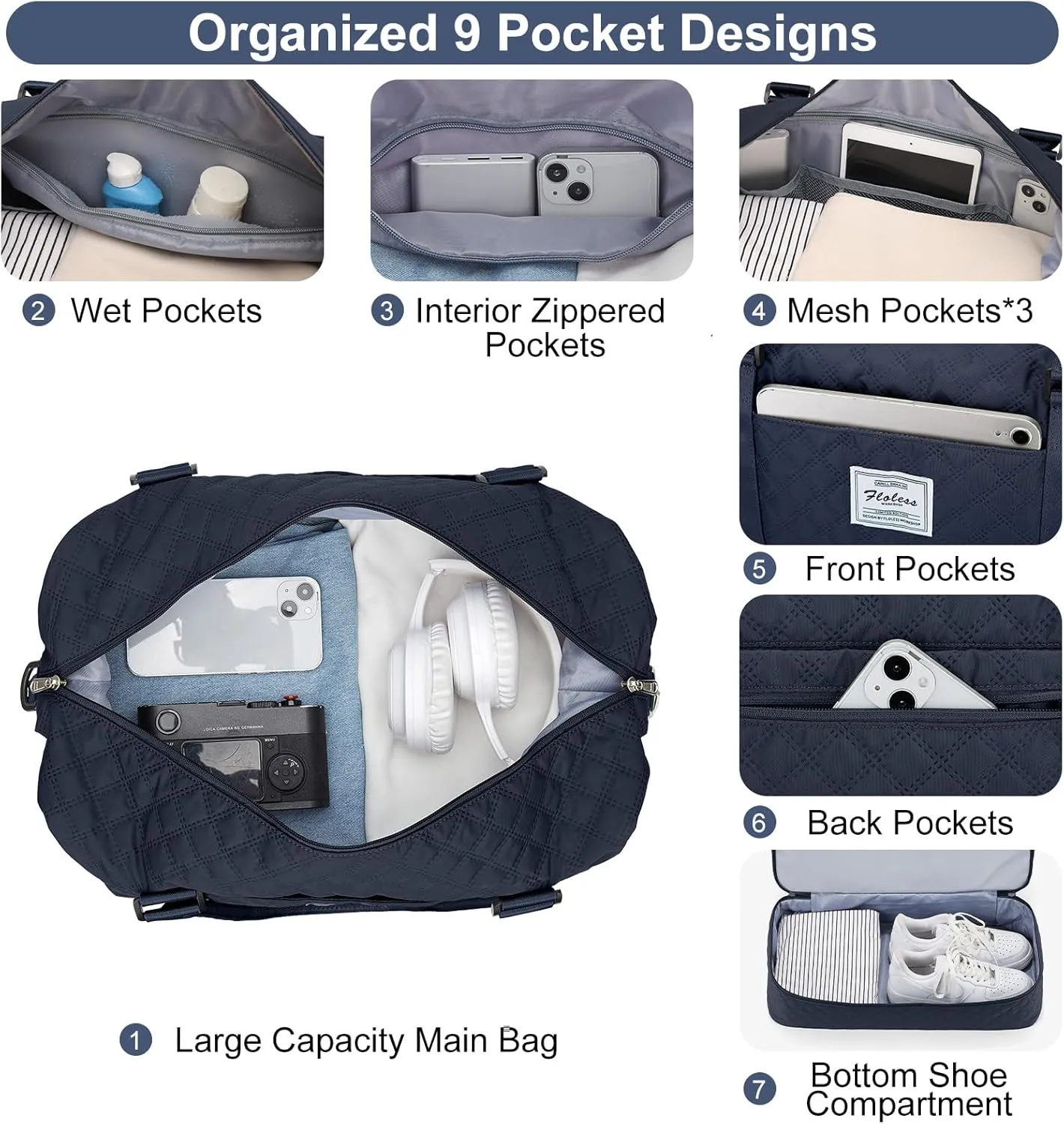 Weekender Bags for Women, Carry-On Personal Item Bag, Overnight Travel Duffel Bag with Shoes Compartment &Trolley Sleeve