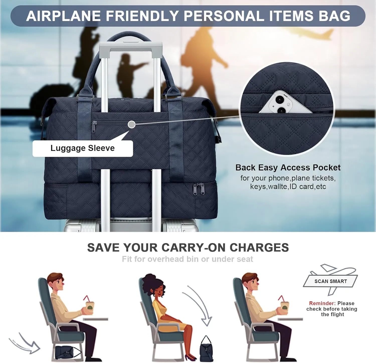 Weekender Bags for Women, Carry-On Personal Item Bag, Overnight Travel Duffel Bag with Shoes Compartment &Trolley Sleeve