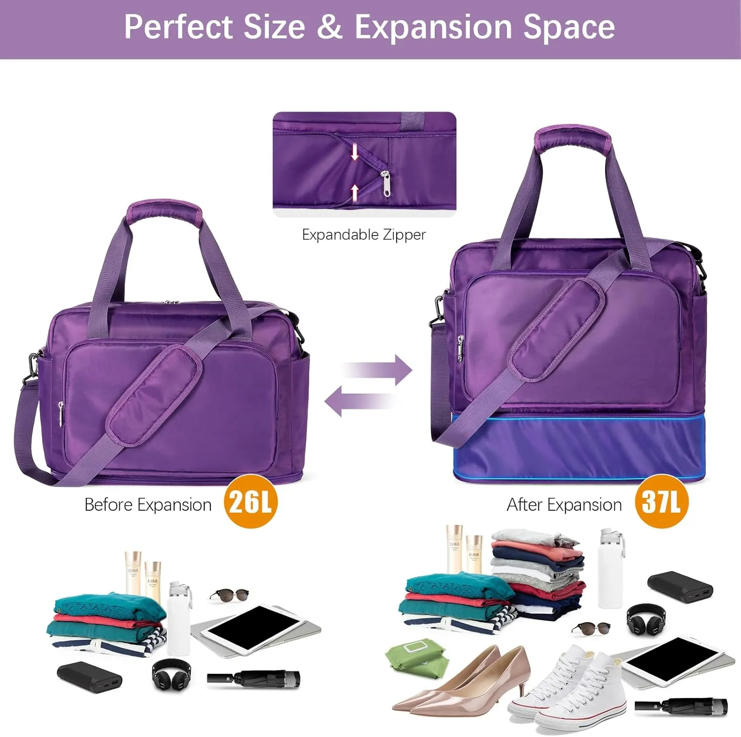 Weekender Bags for Women, Purple Travel Duffle bag, Expandable Large CarryOn Tote Bags with Laptop Compartment, Hospital Bag for Women Labor Delivery, Overnight Bag with Luggage Sleeve