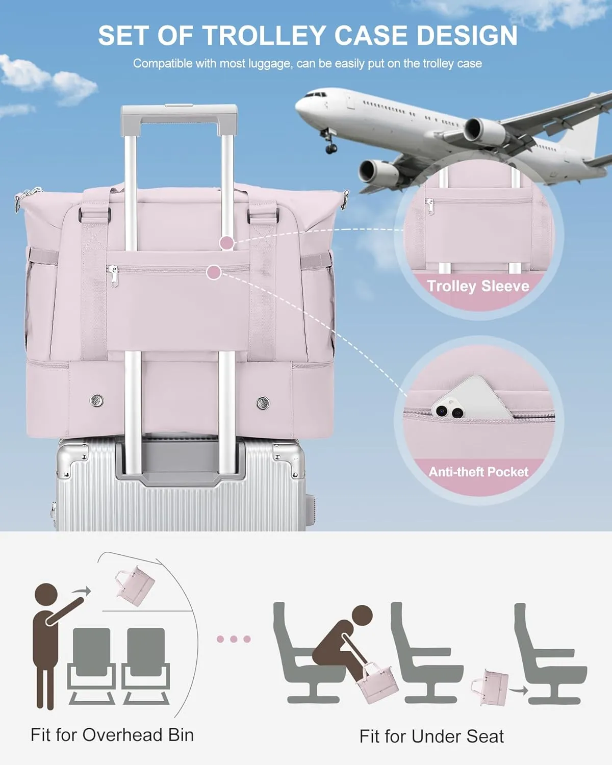Weekender Bags for Women, Travel Duffel with Shoe Compartment USB Charging, Carry On Gym Duffle Bag with Wet Pocket, Personal Item Overnight Tote Bag for Airlines, Lotus Pink