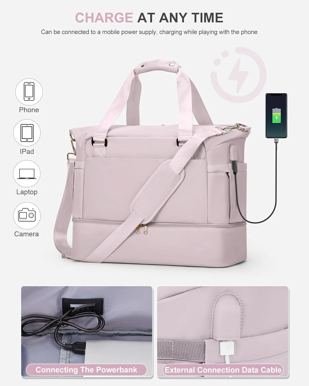 Weekender Bags for Women, Travel Duffel with Shoe Compartment USB Charging, Carry On Gym Duffle Bag with Wet Pocket, Personal Item Overnight Tote Bag for Airlines, Lotus Pink