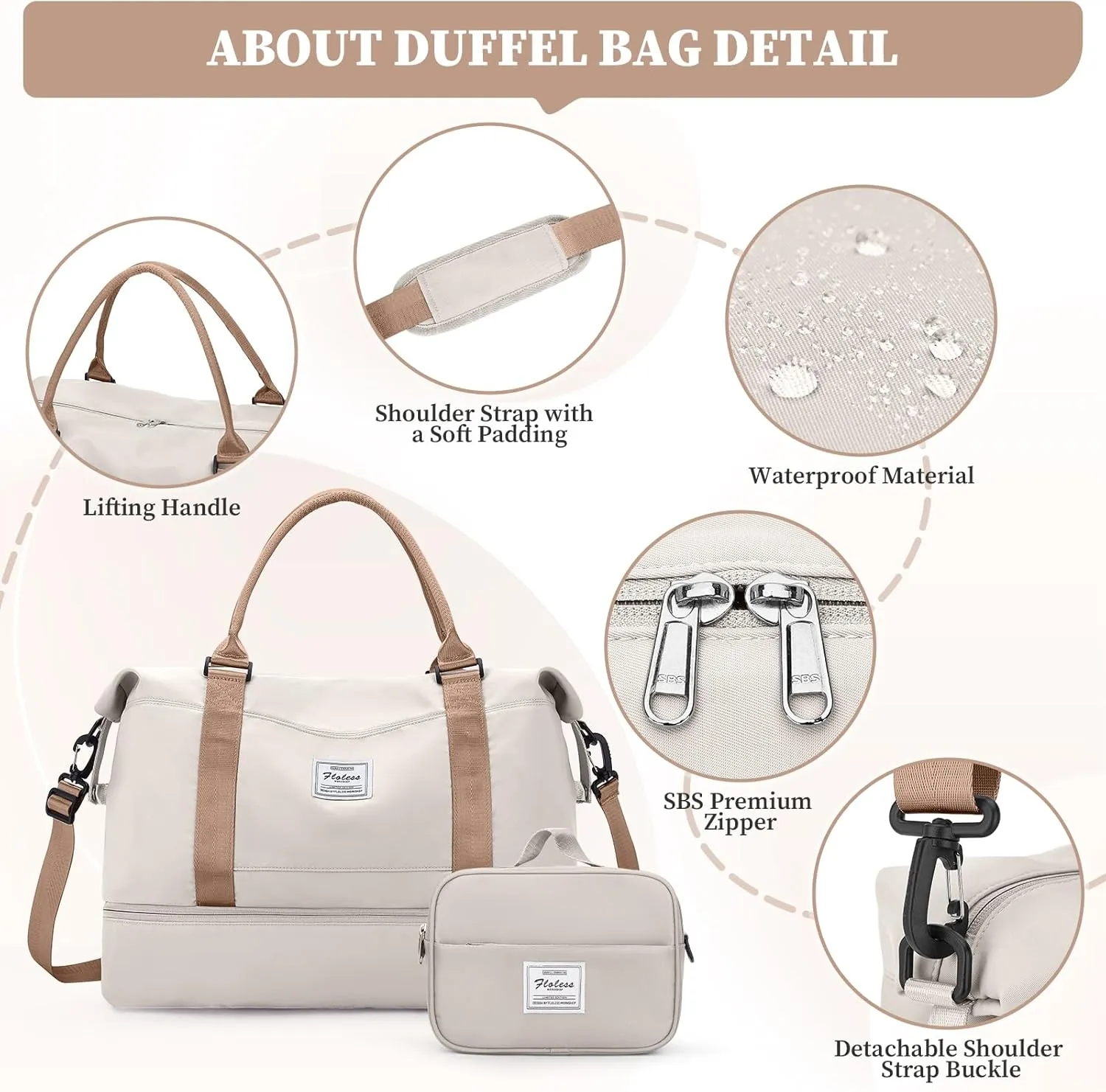 Weekender Bags for Women,Overnight Travel Duffel Bag with Shoes Compartment& Toiletry Bag,Extra Large(Beige & Brown)