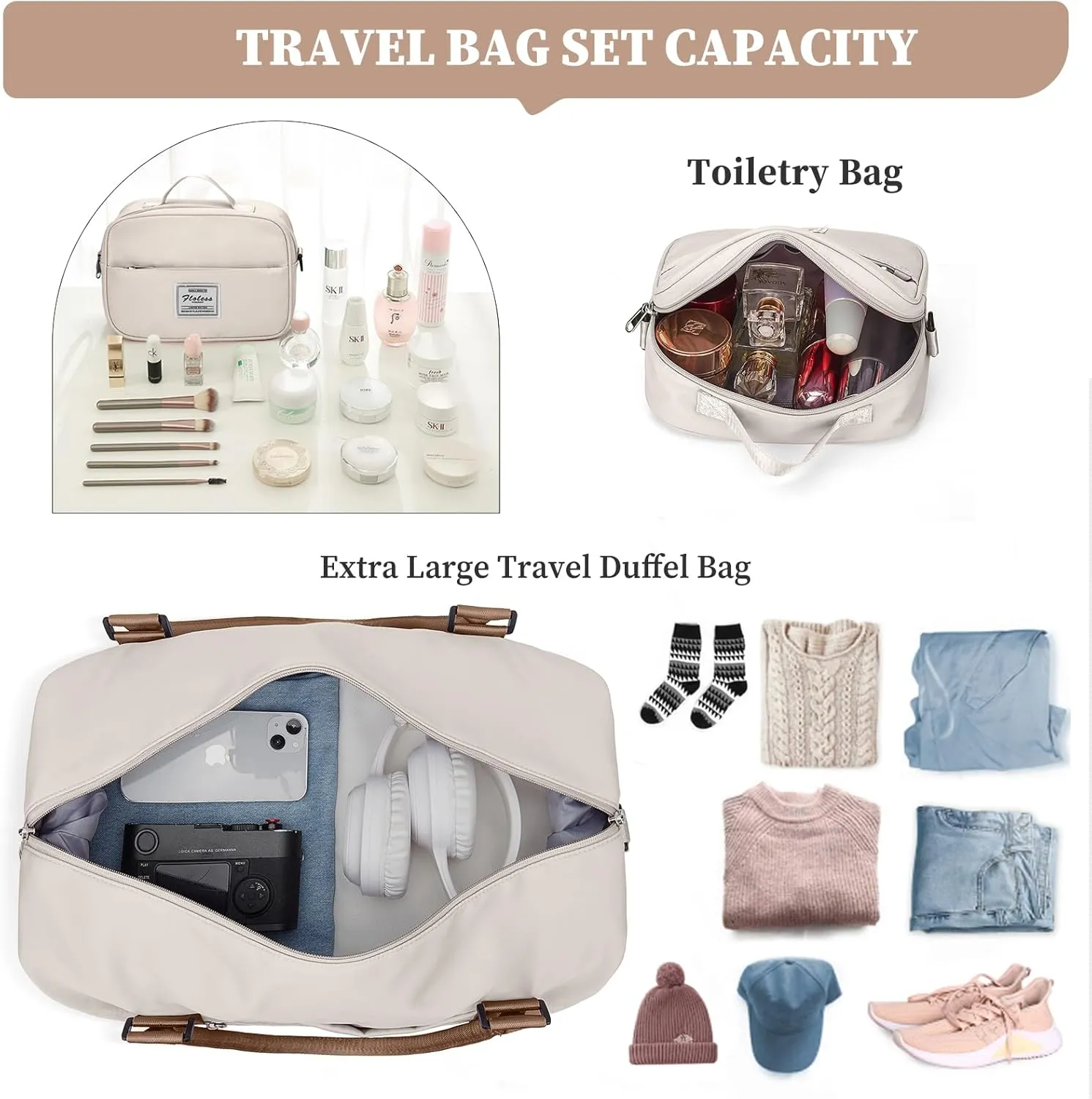 Weekender Bags for Women,Overnight Travel Duffel Bag with Shoes Compartment& Toiletry Bag,Extra Large(Beige & Brown)
