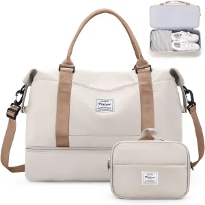 Weekender Bags for Women,Overnight Travel Duffel Bag with Shoes Compartment& Toiletry Bag,Extra Large(Beige & Brown)