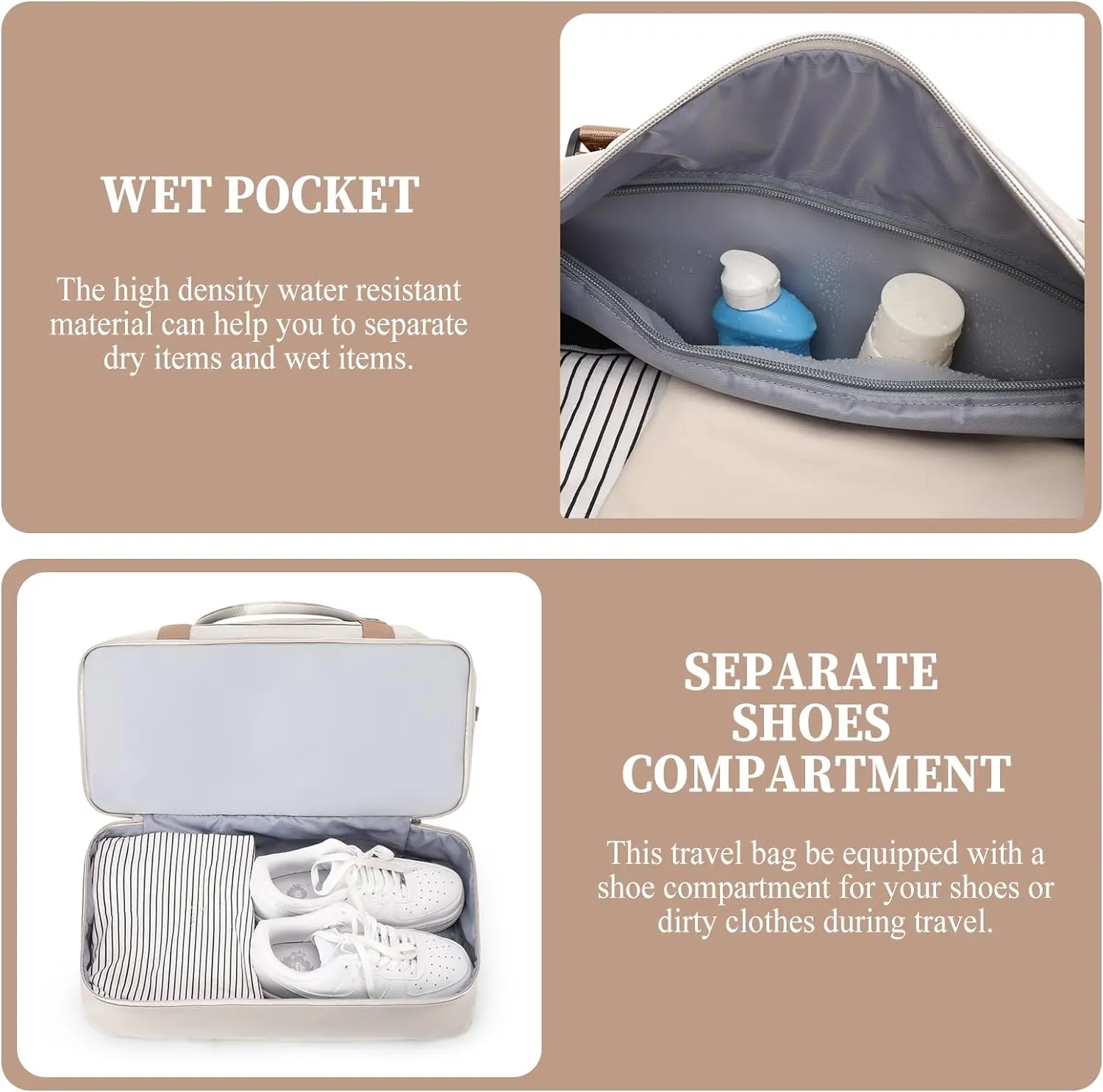 Weekender Bags for Women,Overnight Travel Duffel Bag with Shoes Compartment& Toiletry Bag,Extra Large(Beige & Brown)