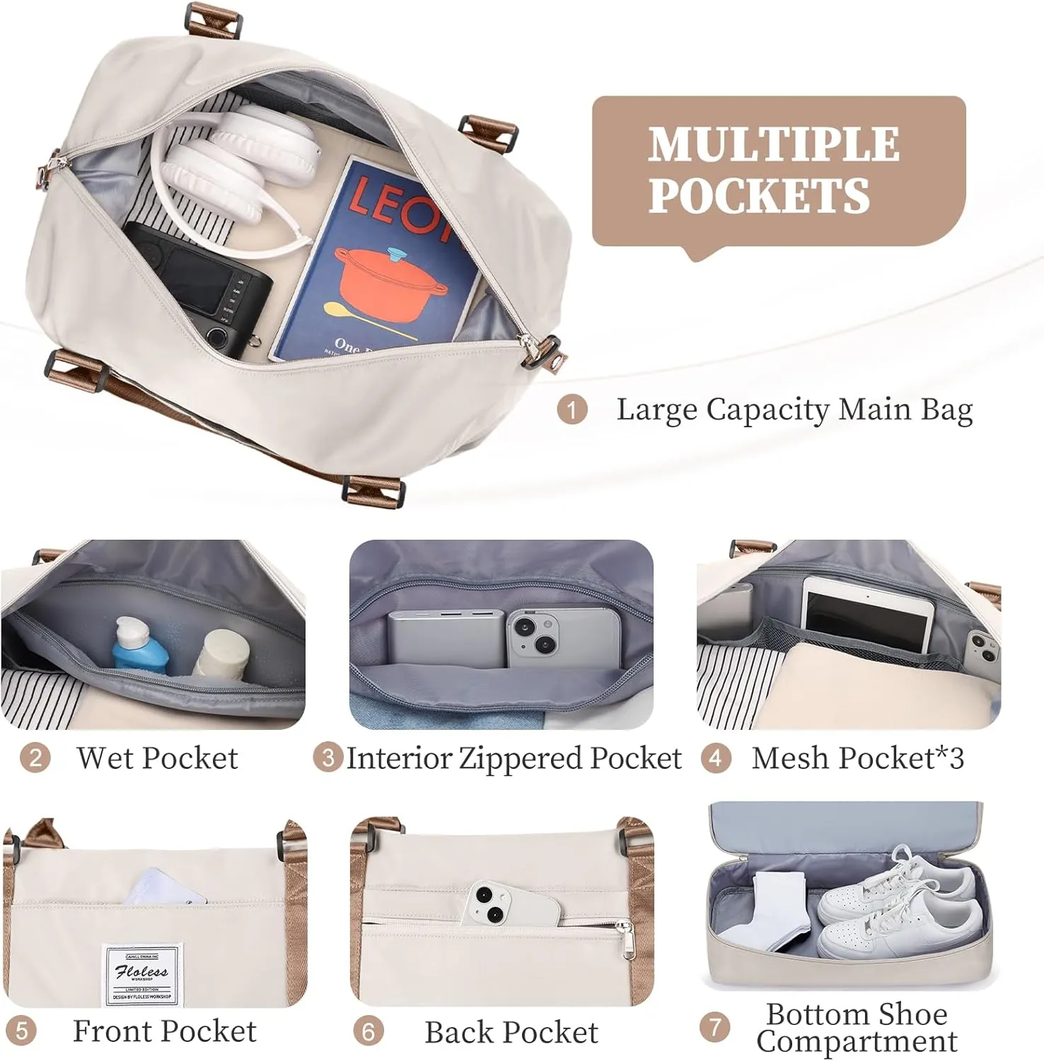 Weekender Bags for Women,Overnight Travel Duffel Bag with Shoes Compartment& Toiletry Bag,Extra Large(Beige & Brown)