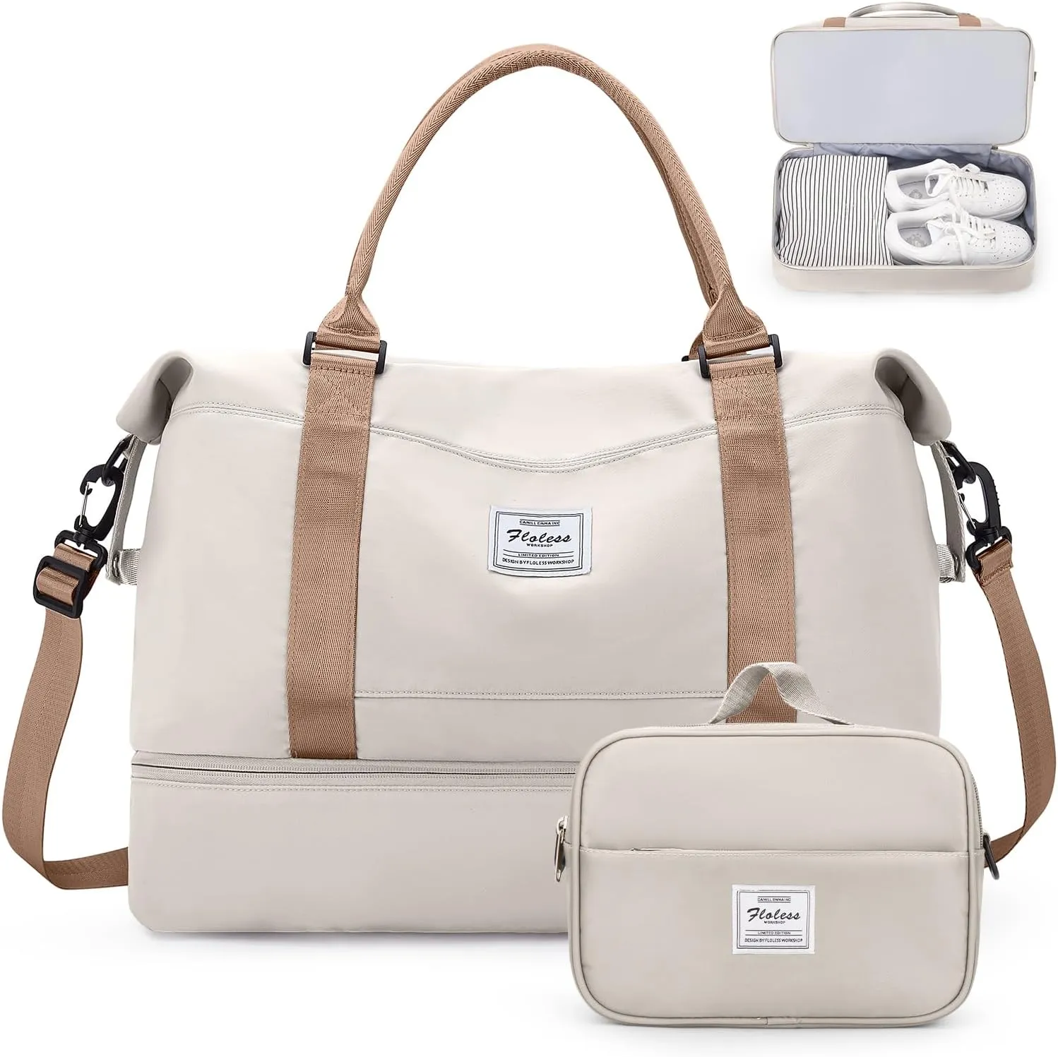 Weekender Bags for Women,Overnight Travel Duffel Bag with Shoes Compartment& Toiletry Bag,Extra Large(Beige & Brown)