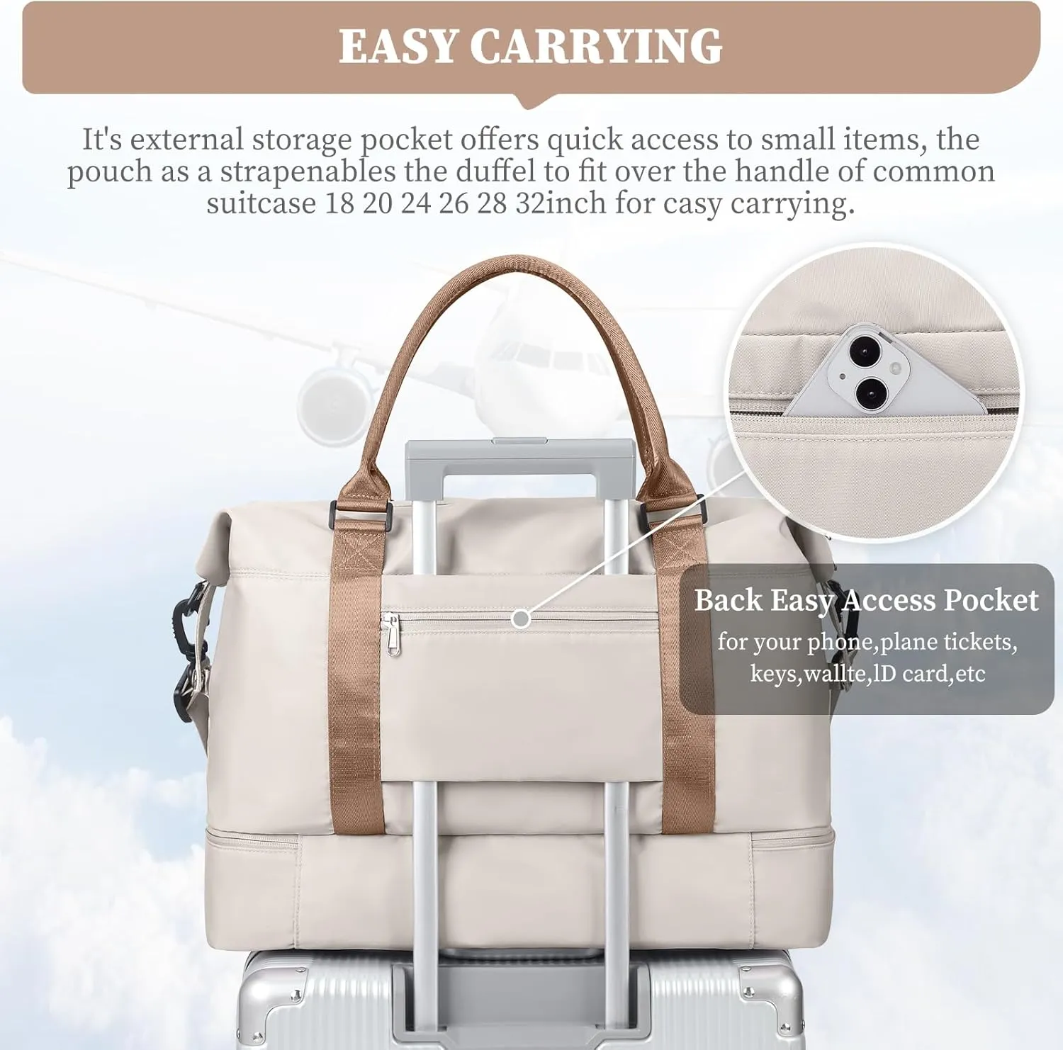 Weekender Bags for Women,Overnight Travel Duffel Bag with Shoes Compartment& Toiletry Bag,Extra Large(Beige & Brown)