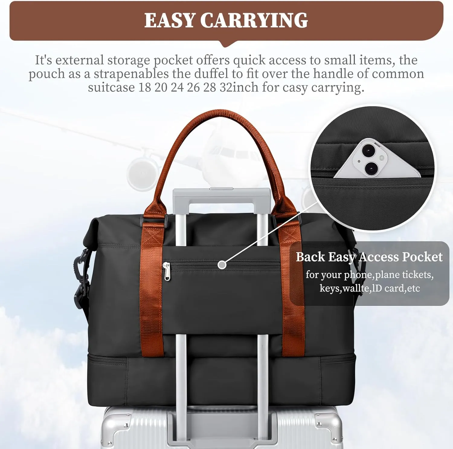 Weekender Bags for Women,Overnight Travel Duffel Bag with Shoes Compartment& Toiletry Bag,Extra Large(Black & Brown)