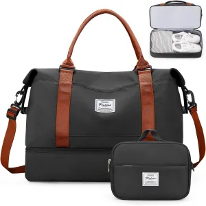 Weekender Bags for Women,Overnight Travel Duffel Bag with Shoes Compartment& Toiletry Bag,Extra Large(Black & Brown)