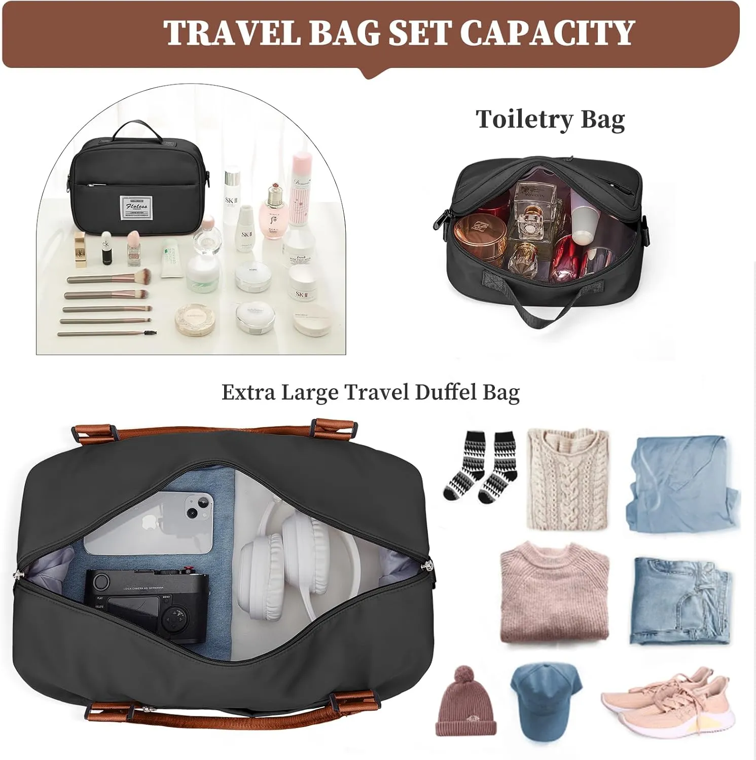 Weekender Bags for Women,Overnight Travel Duffel Bag with Shoes Compartment& Toiletry Bag,Extra Large(Black & Brown)