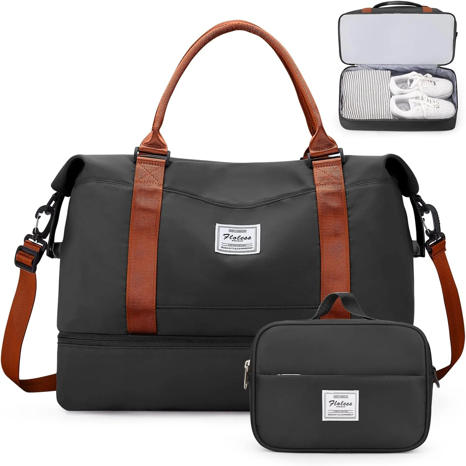 Weekender Bags for Women,Overnight Travel Duffel Bag with Shoes Compartment& Toiletry Bag,Extra Large(Black & Brown)
